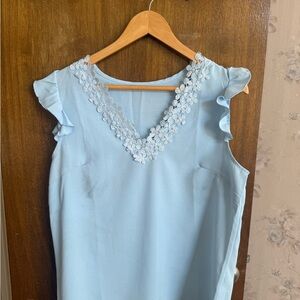 Light Blue Sleeveless Floral Trim Blouse